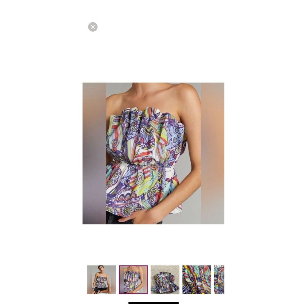 Anthropologie Strapless Smocked Ruffle Blouse Multicolor Cotton Abstract XS - Picture 10 of 10